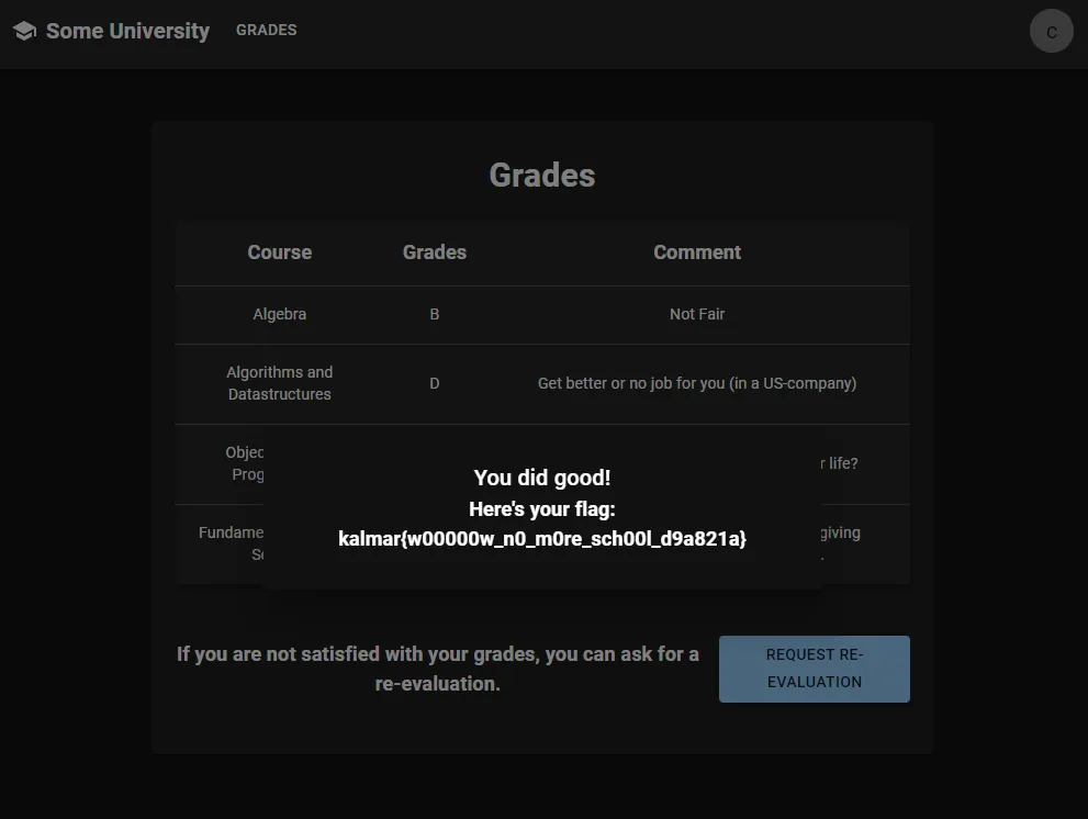The flag is kalmar{w00000w_n0_m0re_sch00l_d9a821a}
